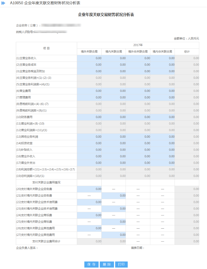 A10050 企業(yè)年度關(guān)聯(lián)交易財(cái)務(wù)狀況分析表