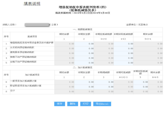 《增值稅納稅申報表附列資料（四）》（稅額抵減情況表）